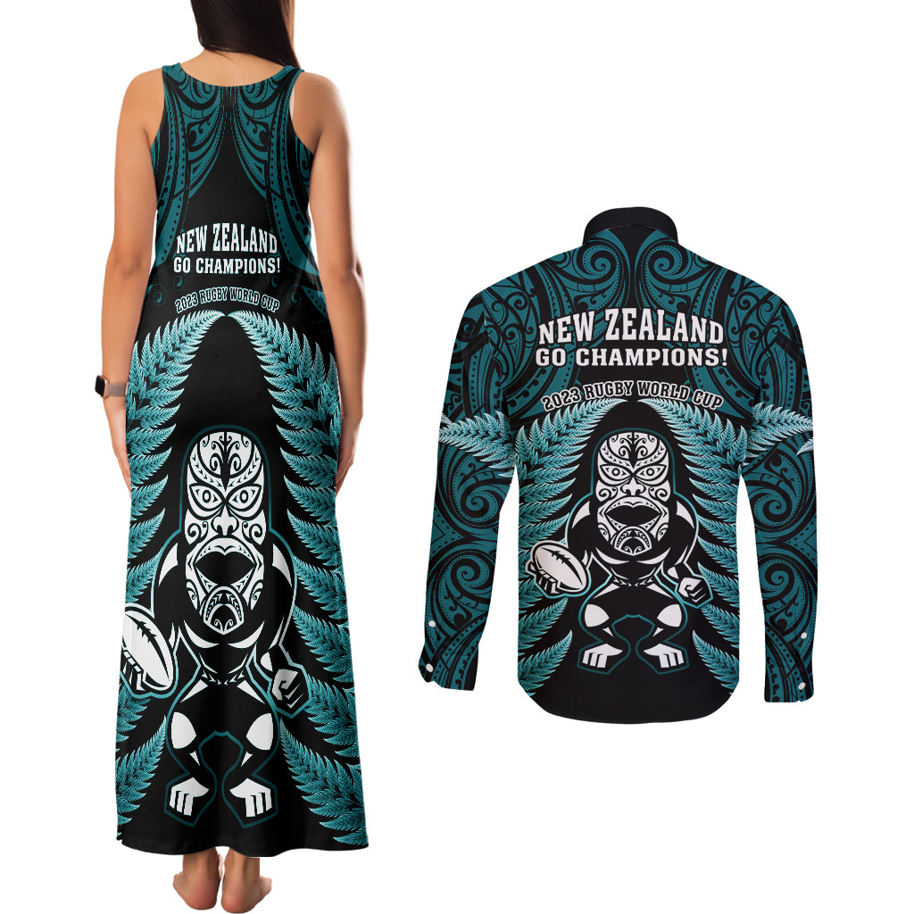 New Zealand Aotearoa Rugby Couples Matching Tank Maxi Dress and Long Sleeve Button Shirts NZ Tiki With Maori Fern World Cup Turquoise Version LT14 - Polynesian Pride