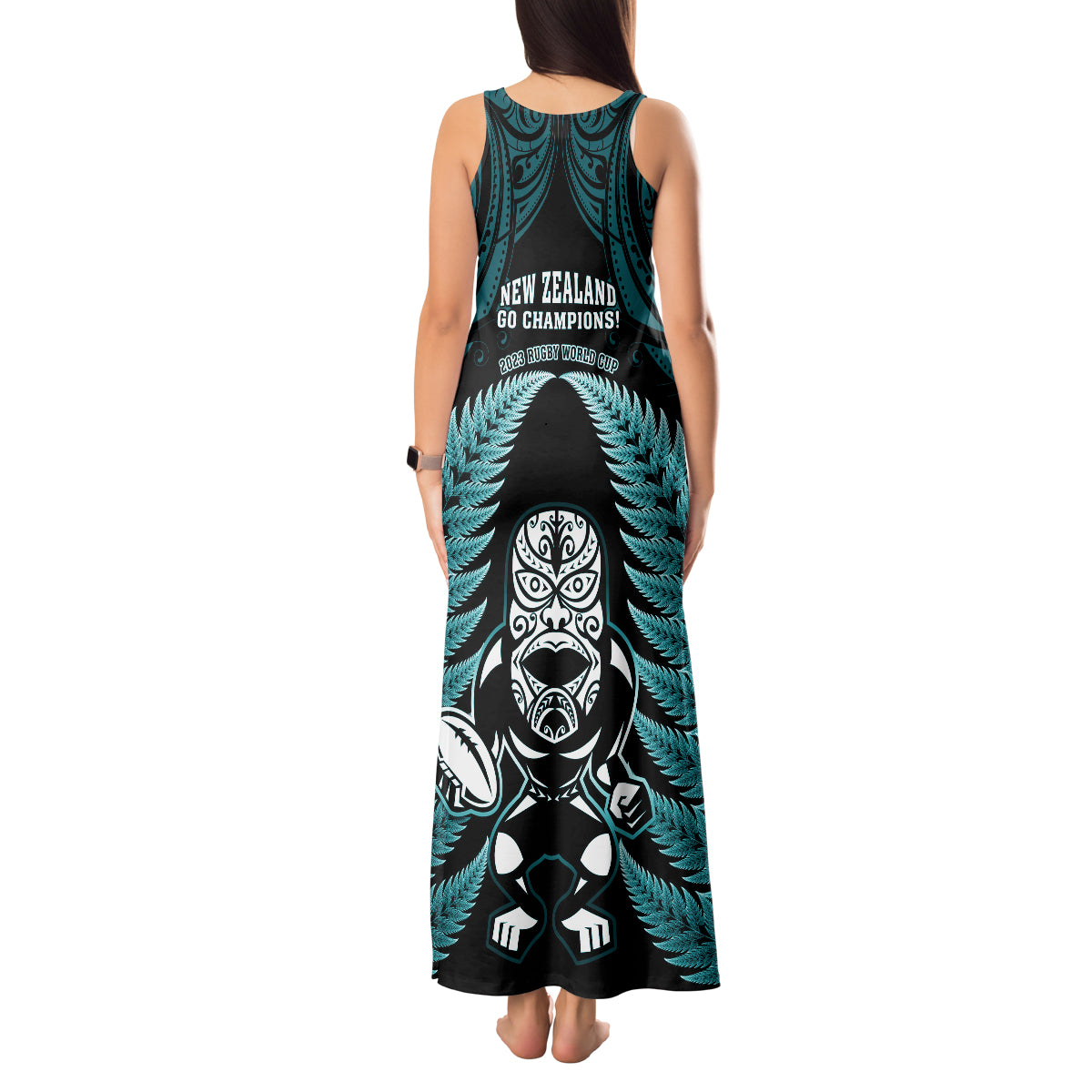 New Zealand Aotearoa Rugby Tank Maxi Dress NZ Tiki With Maori Fern World Cup Turquoise Version LT14 - Polynesian Pride