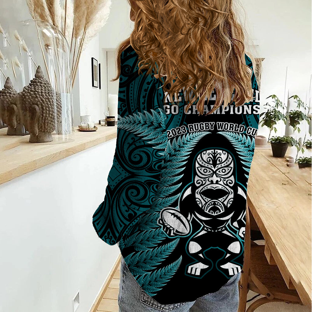 New Zealand Aotearoa Rugby Women Casual Shirt NZ Tiki With Maori Fern World Cup Turquoise Version LT14 - Polynesian Pride