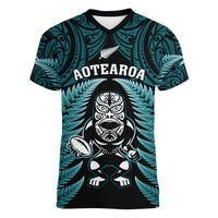 New Zealand Aotearoa Rugby Women V Neck T Shirt NZ Tiki With Maori Fern World Cup Turquoise Version LT14 Female Turquoise - Polynesian Pride
