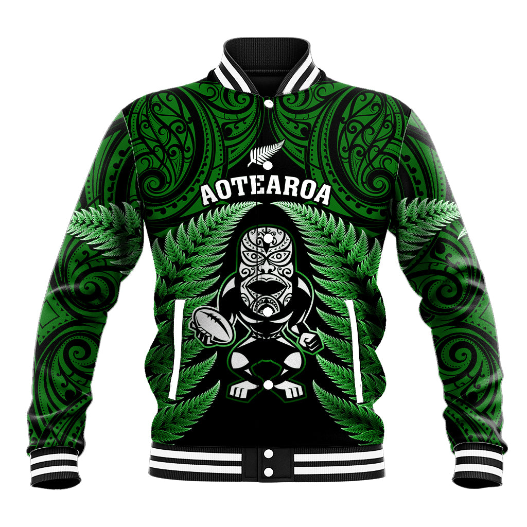 New Zealand Aotearoa Rugby Baseball Jacket NZ Tiki With Maori Fern World Cup Green Version LT14 Unisex Green - Polynesian Pride