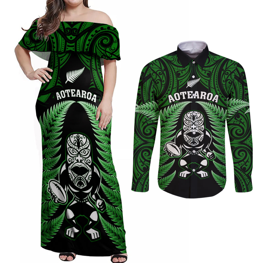 New Zealand Aotearoa Rugby Couples Matching Off Shoulder Maxi Dress and Long Sleeve Button Shirts NZ Tiki With Maori Fern World Cup Green Version LT14 Green - Polynesian Pride