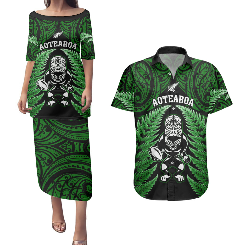 New Zealand Aotearoa Rugby Couples Matching Puletasi Dress and Hawaiian Shirt NZ Tiki With Maori Fern World Cup Green Version LT14 Green - Polynesian Pride