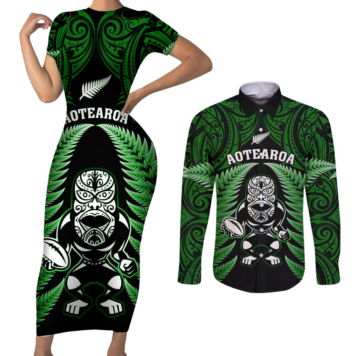 New Zealand Aotearoa Rugby Couples Matching Short Sleeve Bodycon Dress and Long Sleeve Button Shirts NZ Tiki With Maori Fern World Cup Green Version LT14 Green - Polynesian Pride