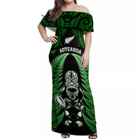 New Zealand Aotearoa Rugby Off Shoulder Maxi Dress NZ Tiki With Maori Fern World Cup Green Version LT14 Women Green - Polynesian Pride