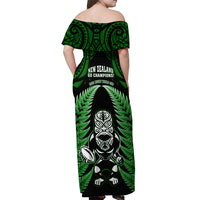 New Zealand Aotearoa Rugby Off Shoulder Maxi Dress NZ Tiki With Maori Fern World Cup Green Version LT14 - Polynesian Pride