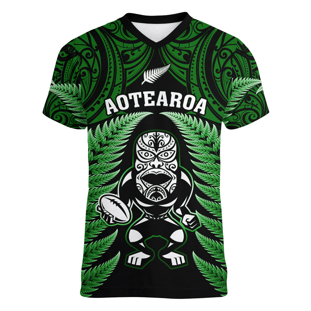 New Zealand Aotearoa Rugby Women V Neck T Shirt NZ Tiki With Maori Fern World Cup Green Version LT14 Female Green - Polynesian Pride