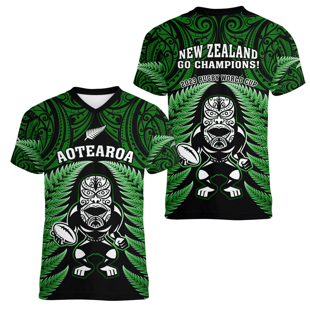 New Zealand Aotearoa Rugby Women V Neck T Shirt NZ Tiki With Maori Fern World Cup Green Version LT14 - Polynesian Pride