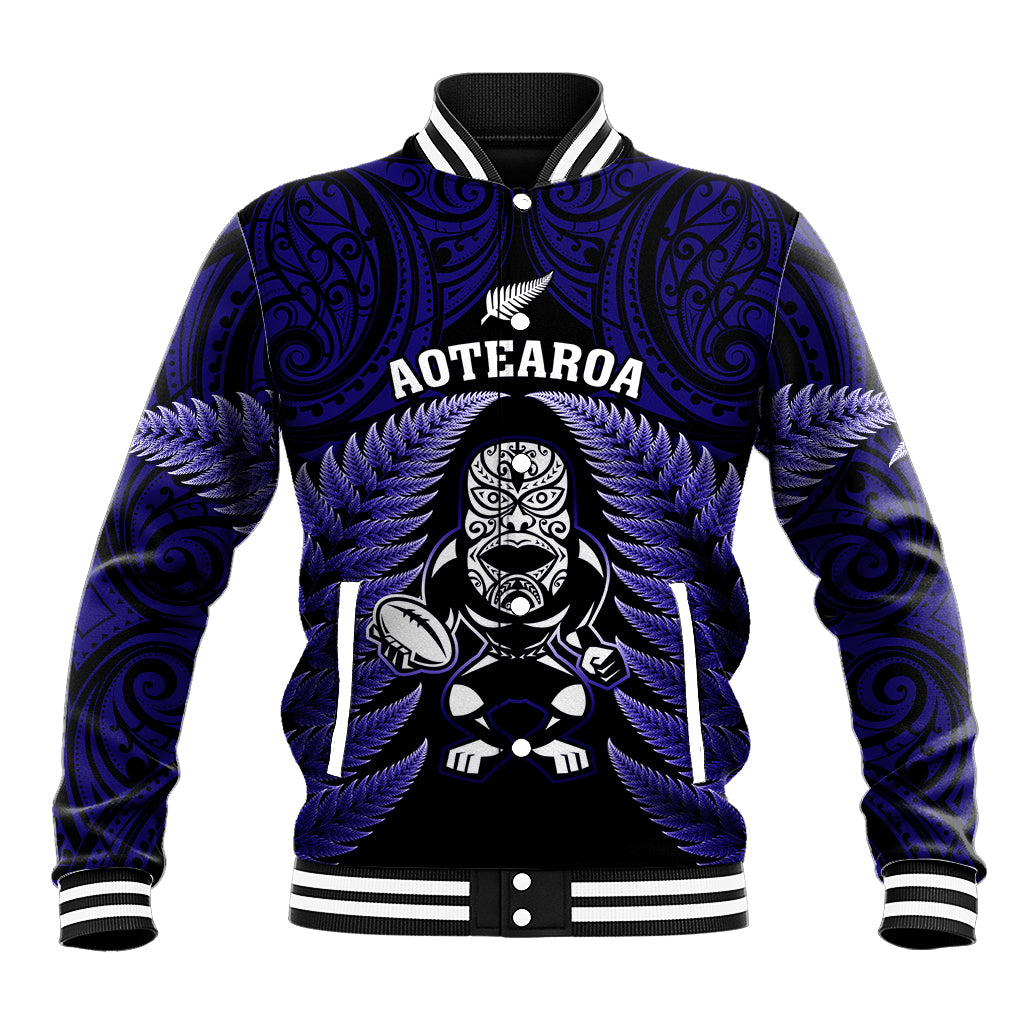 New Zealand Aotearoa Rugby Baseball Jacket NZ Tiki With Maori Fern World Cup Blue Version LT14 Unisex Blue - Polynesian Pride