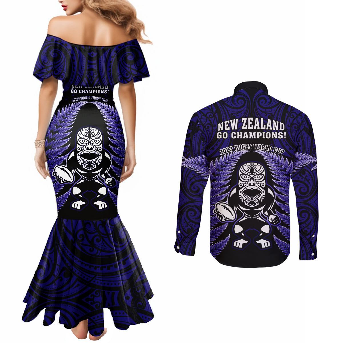 New Zealand Aotearoa Rugby Couples Matching Mermaid Dress and Long Sleeve Button Shirts NZ Tiki With Maori Fern World Cup Blue Version LT14 - Polynesian Pride