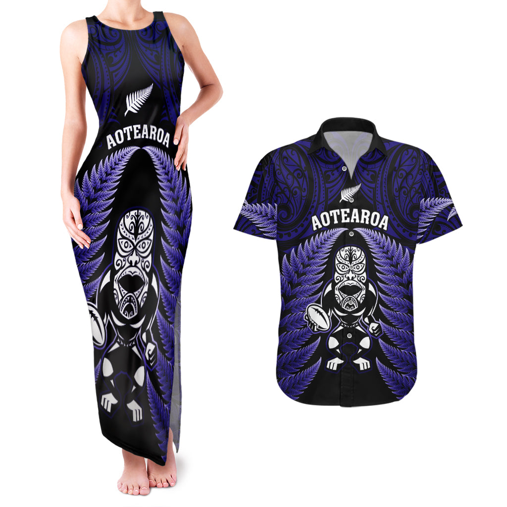 New Zealand Aotearoa Rugby Couples Matching Tank Maxi Dress and Hawaiian Shirt NZ Tiki With Maori Fern World Cup Blue Version LT14 Blue - Polynesian Pride