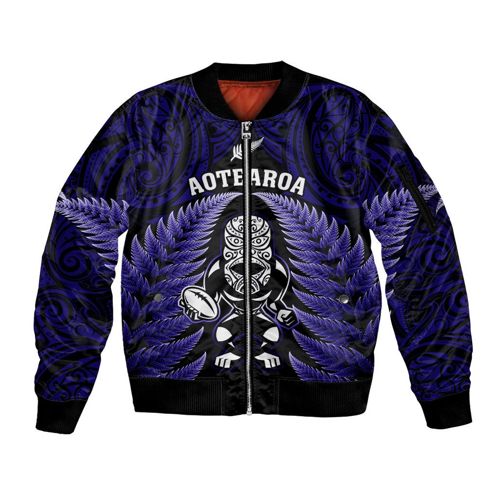 New Zealand Aotearoa Rugby Sleeve Zip Bomber Jacket NZ Tiki With Maori Fern World Cup Blue Version LT14 Unisex Blue - Polynesian Pride