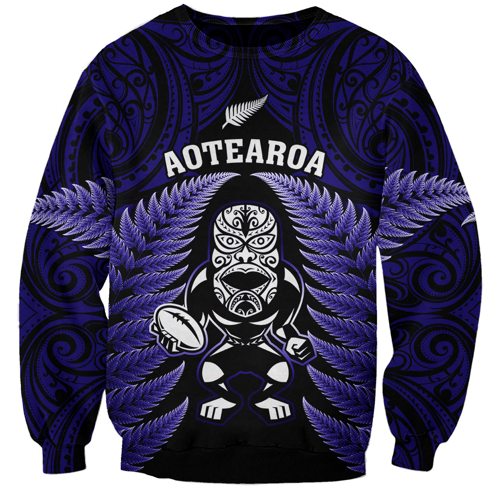 New Zealand Aotearoa Rugby Sweatshirt NZ Tiki With Maori Fern World Cup Blue Version LT14 Unisex Blue - Polynesian Pride