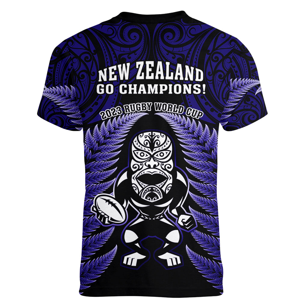 New Zealand Aotearoa Rugby Women V Neck T Shirt NZ Tiki With Maori Fern World Cup Blue Version LT14 - Polynesian Pride