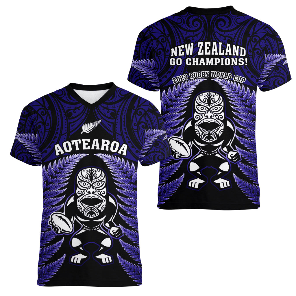 New Zealand Aotearoa Rugby Women V Neck T Shirt NZ Tiki With Maori Fern World Cup Blue Version LT14 - Polynesian Pride