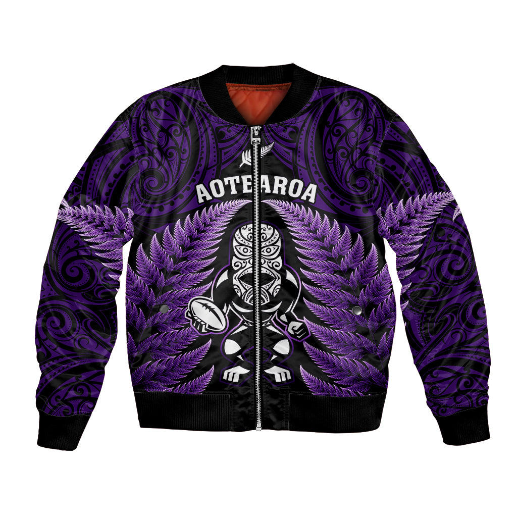 New Zealand Aotearoa Rugby Bomber Jacket NZ Tiki With Maori Fern World Cup Purple Version LT14 Unisex Purple - Polynesian Pride