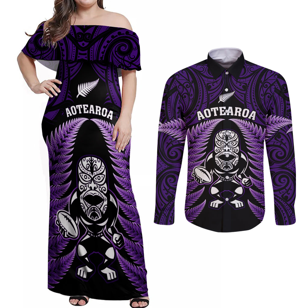 New Zealand Aotearoa Rugby Couples Matching Off Shoulder Maxi Dress and Long Sleeve Button Shirts NZ Tiki With Maori Fern World Cup Purple Version LT14 Purple - Polynesian Pride