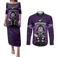 New Zealand Aotearoa Rugby Couples Matching Puletasi Dress and Long Sleeve Button Shirts NZ Tiki With Maori Fern World Cup Purple Version LT14 Purple - Polynesian Pride