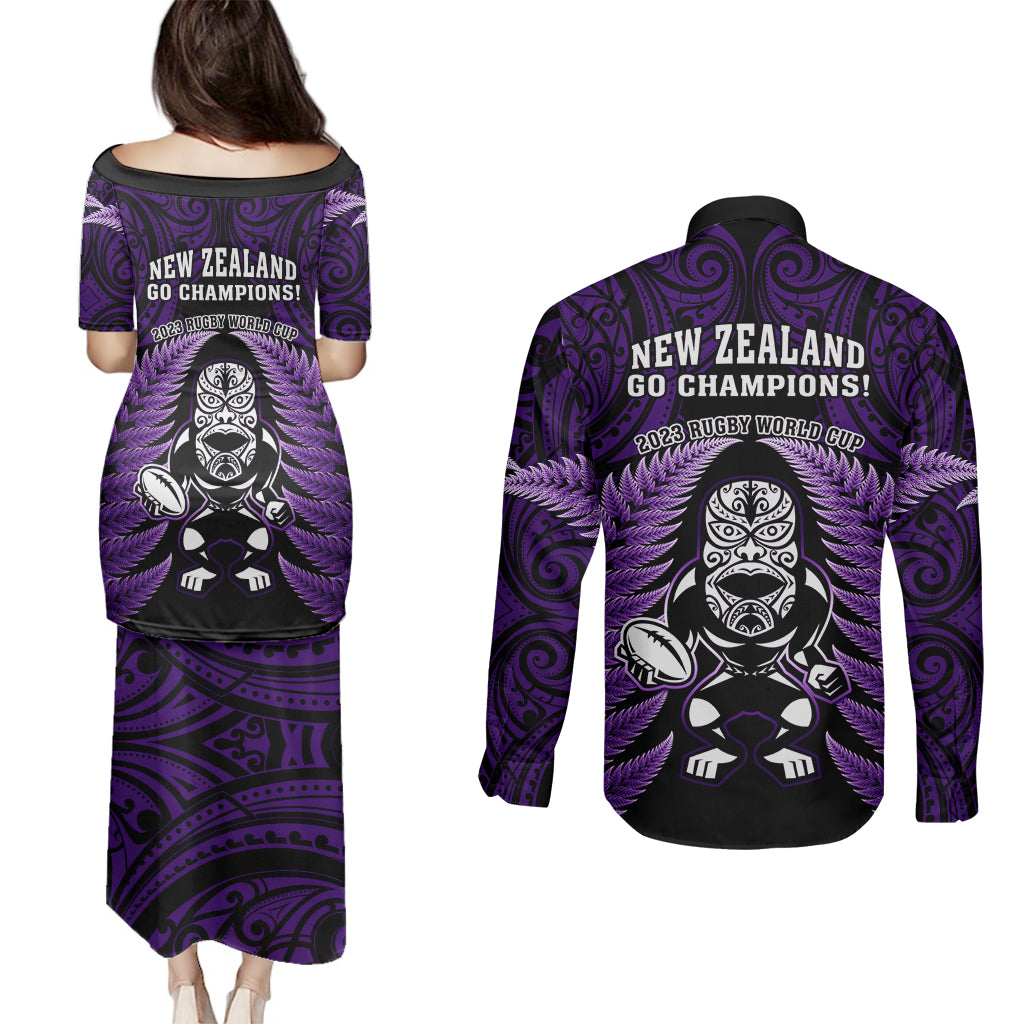 New Zealand Aotearoa Rugby Couples Matching Puletasi Dress and Long Sleeve Button Shirts NZ Tiki With Maori Fern World Cup Purple Version LT14 - Polynesian Pride