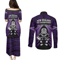 New Zealand Aotearoa Rugby Couples Matching Puletasi Dress and Long Sleeve Button Shirts NZ Tiki With Maori Fern World Cup Purple Version LT14 - Polynesian Pride