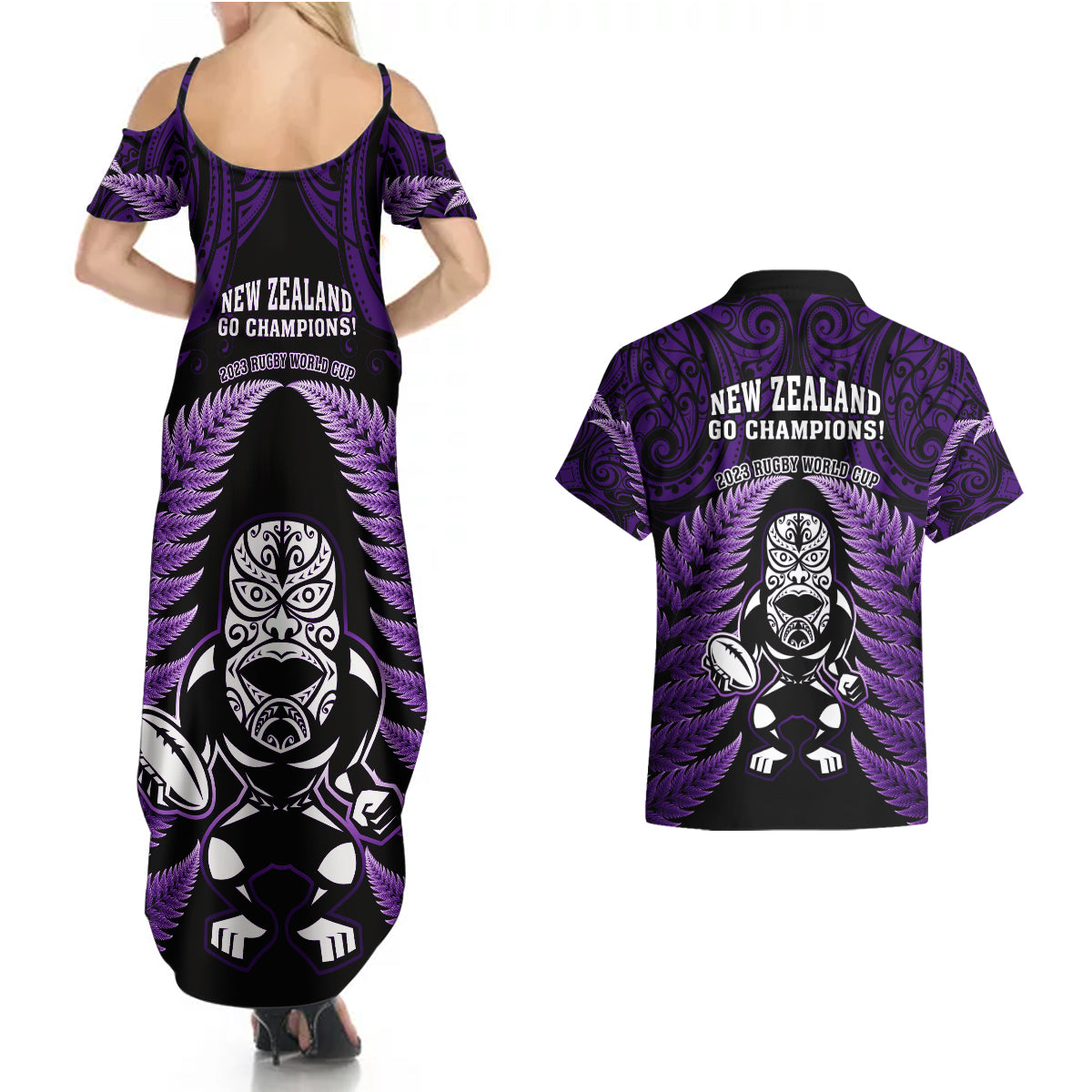 New Zealand Aotearoa Rugby Couples Matching Summer Maxi Dress and Hawaiian Shirt NZ Tiki With Maori Fern World Cup Purple Version LT14 - Polynesian Pride