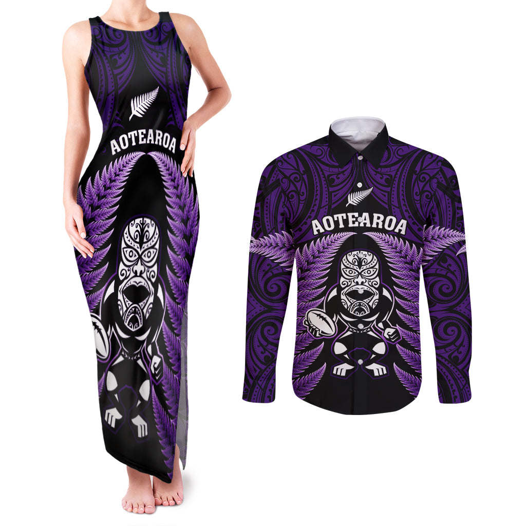 New Zealand Aotearoa Rugby Couples Matching Tank Maxi Dress and Long Sleeve Button Shirts NZ Tiki With Maori Fern World Cup Purple Version LT14 Purple - Polynesian Pride