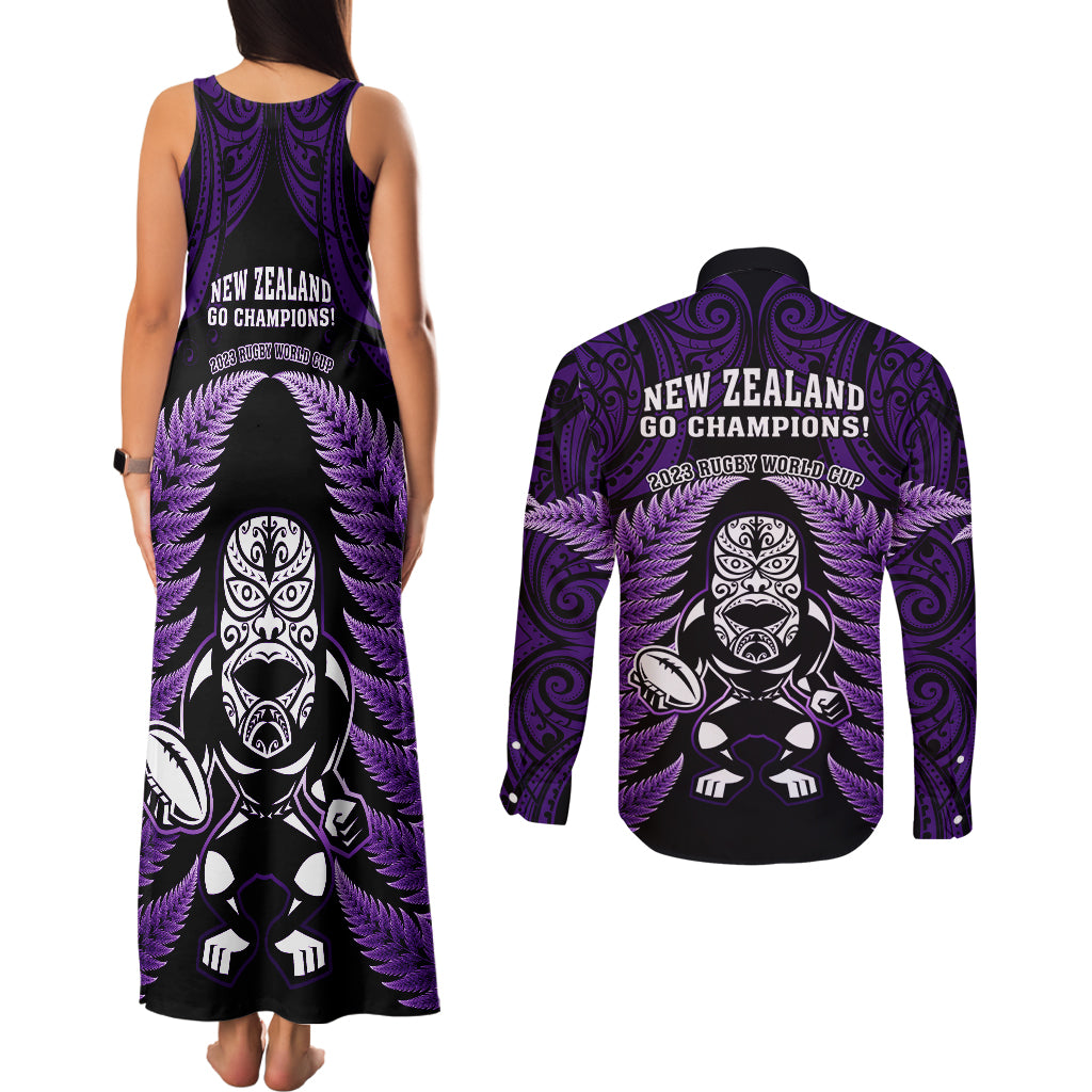 New Zealand Aotearoa Rugby Couples Matching Tank Maxi Dress and Long Sleeve Button Shirts NZ Tiki With Maori Fern World Cup Purple Version LT14 - Polynesian Pride