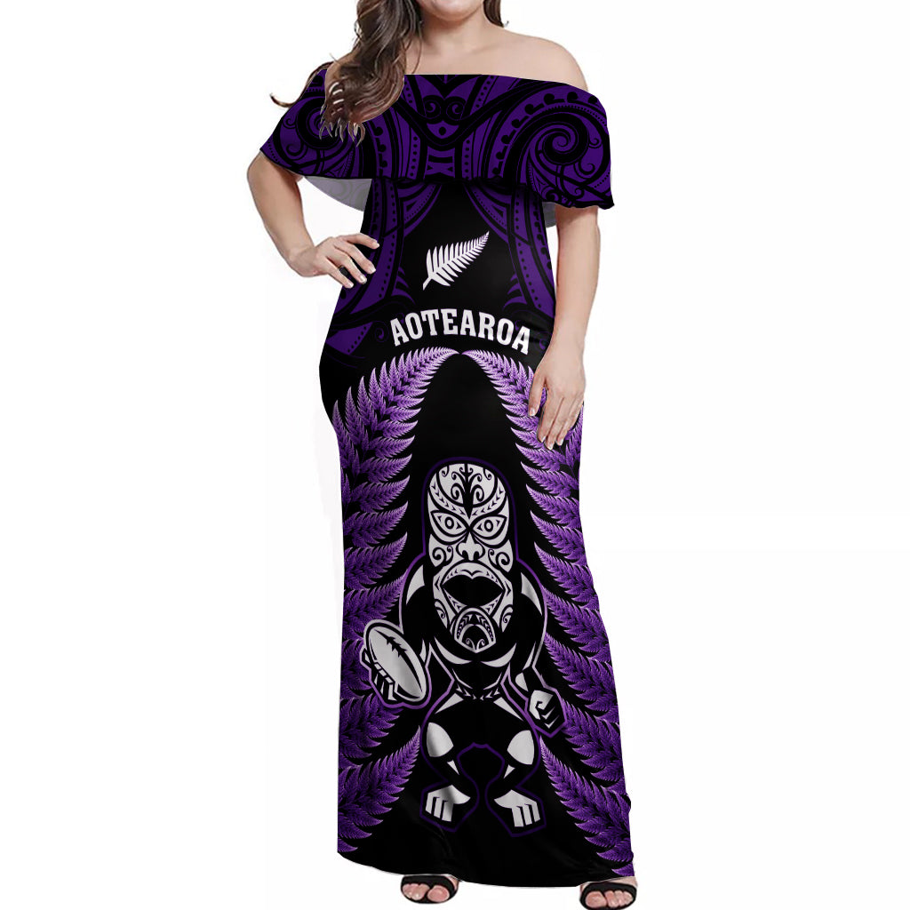New Zealand Aotearoa Rugby Off Shoulder Maxi Dress NZ Tiki With Maori Fern World Cup Purple Version LT14 Women Purple - Polynesian Pride