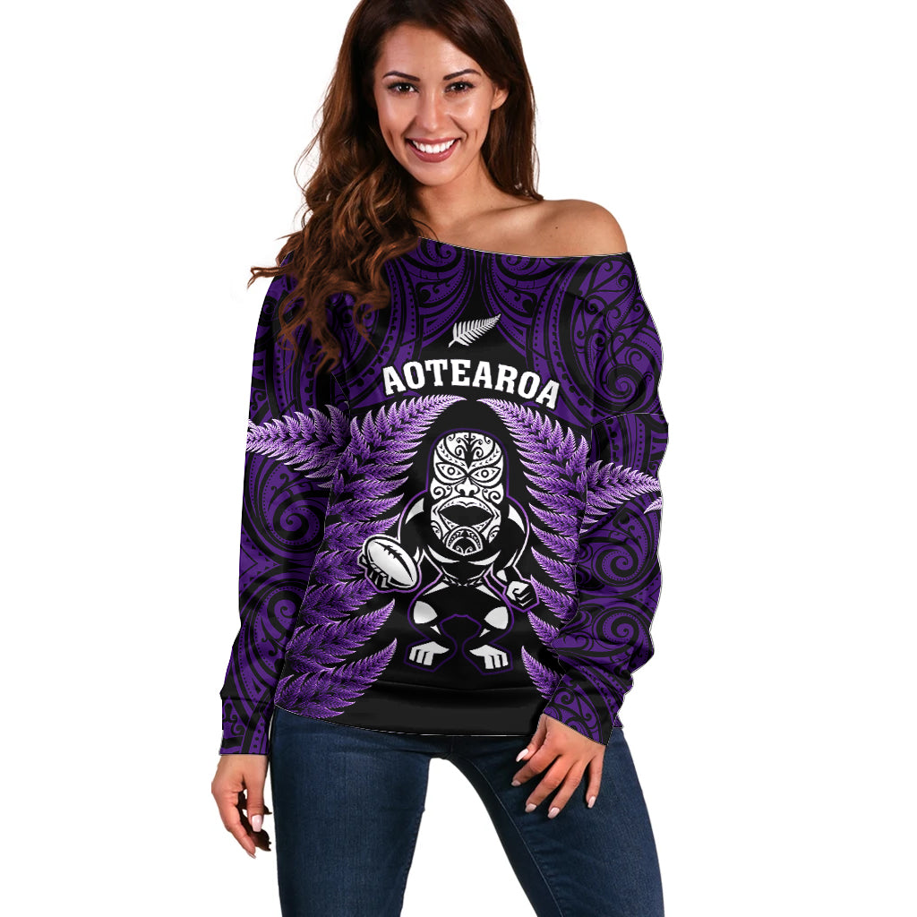 New Zealand Aotearoa Rugby Off Shoulder Sweater NZ Tiki With Maori Fern World Cup Purple Version LT14 Women Purple - Polynesian Pride