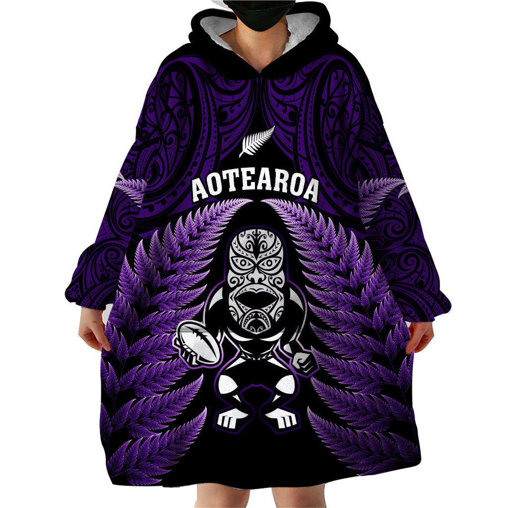 New Zealand Aotearoa Rugby Wearable Blanket Hoodie NZ Tiki With Maori Fern World Cup Purple Version LT14 - Polynesian Pride