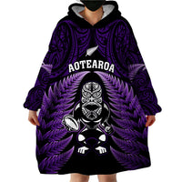 New Zealand Aotearoa Rugby Wearable Blanket Hoodie NZ Tiki With Maori Fern World Cup Purple Version LT14 - Polynesian Pride