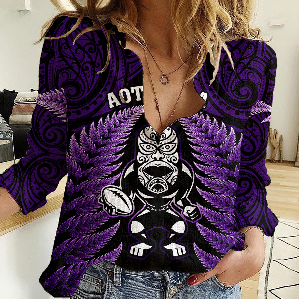 New Zealand Aotearoa Rugby Women Casual Shirt NZ Tiki With Maori Fern World Cup Purple Version LT14 Female Purple - Polynesian Pride