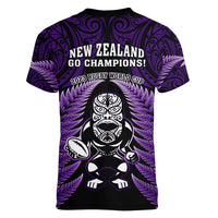 New Zealand Aotearoa Rugby Women V Neck T Shirt NZ Tiki With Maori Fern World Cup Purple Version LT14 - Polynesian Pride