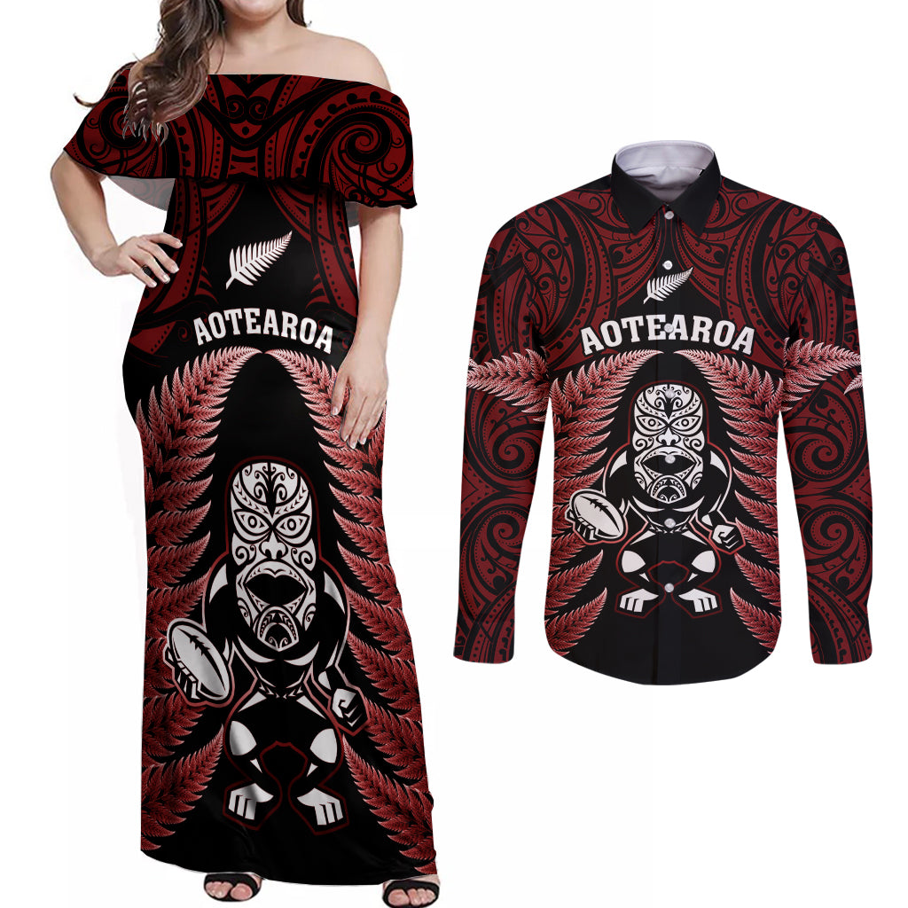 New Zealand Aotearoa Rugby Couples Matching Off Shoulder Maxi Dress and Long Sleeve Button Shirts NZ Tiki With Maori Fern World Cup Red Version LT14 Red - Polynesian Pride