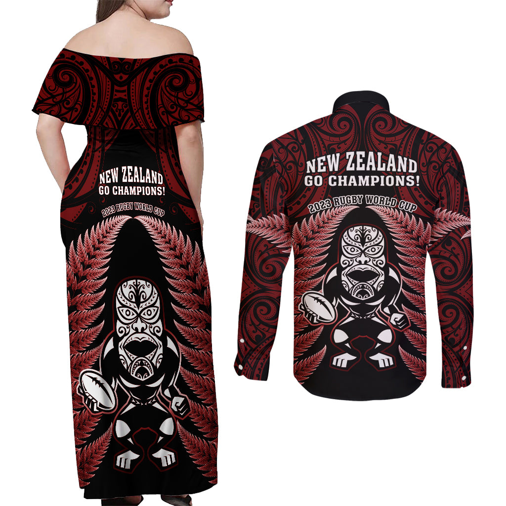 New Zealand Aotearoa Rugby Couples Matching Off Shoulder Maxi Dress and Long Sleeve Button Shirts NZ Tiki With Maori Fern World Cup Red Version LT14 - Polynesian Pride