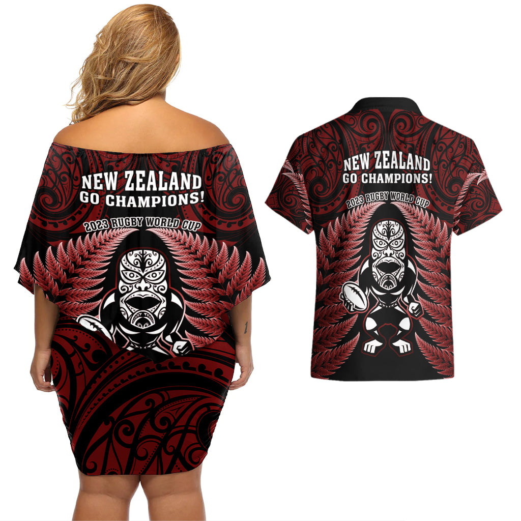 New Zealand Aotearoa Rugby Couples Matching Off Shoulder Short Dress and Hawaiian Shirt NZ Tiki With Maori Fern World Cup Red Version LT14 - Polynesian Pride