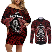 New Zealand Aotearoa Rugby Couples Matching Off Shoulder Short Dress and Long Sleeve Button Shirts NZ Tiki With Maori Fern World Cup Red Version LT14 Red - Polynesian Pride