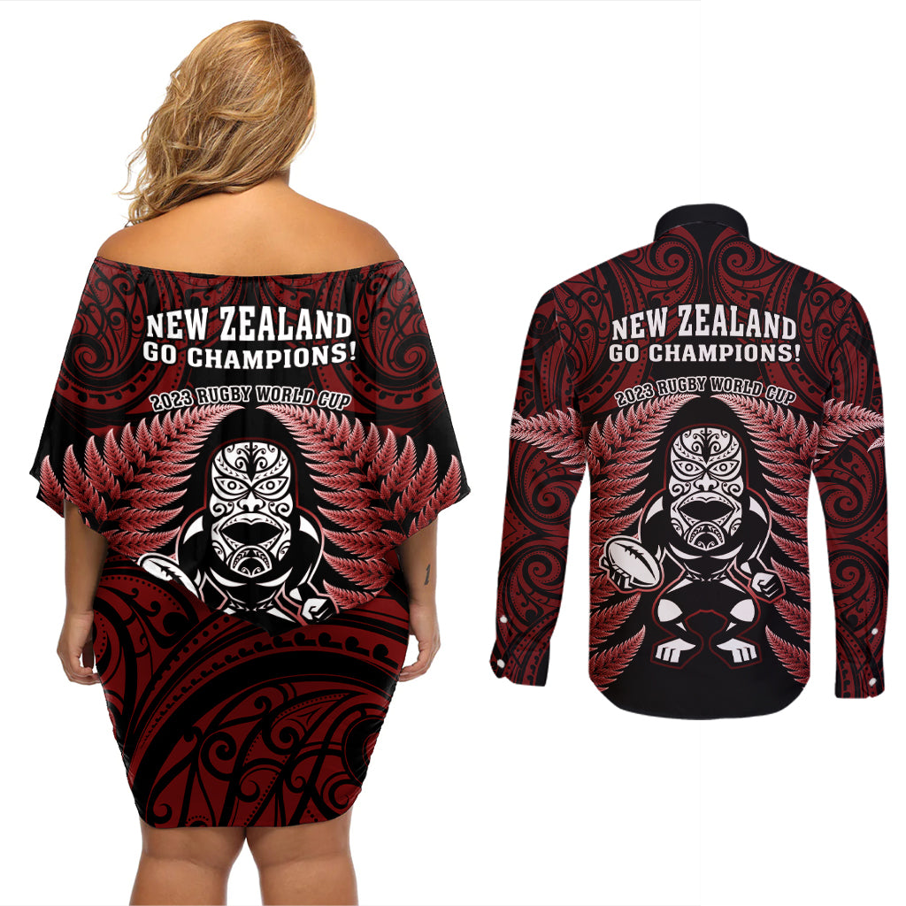 New Zealand Aotearoa Rugby Couples Matching Off Shoulder Short Dress and Long Sleeve Button Shirts NZ Tiki With Maori Fern World Cup Red Version LT14 - Polynesian Pride