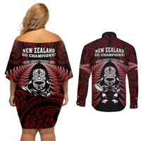 New Zealand Aotearoa Rugby Couples Matching Off Shoulder Short Dress and Long Sleeve Button Shirts NZ Tiki With Maori Fern World Cup Red Version LT14 - Polynesian Pride