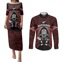 New Zealand Aotearoa Rugby Couples Matching Puletasi Dress and Long Sleeve Button Shirts NZ Tiki With Maori Fern World Cup Red Version LT14 Red - Polynesian Pride
