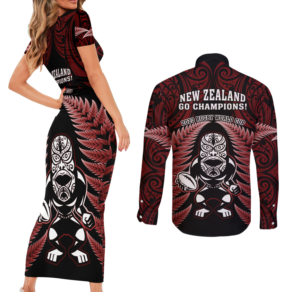 New Zealand Aotearoa Rugby Couples Matching Short Sleeve Bodycon Dress and Long Sleeve Button Shirts NZ Tiki With Maori Fern World Cup Red Version LT14 - Polynesian Pride
