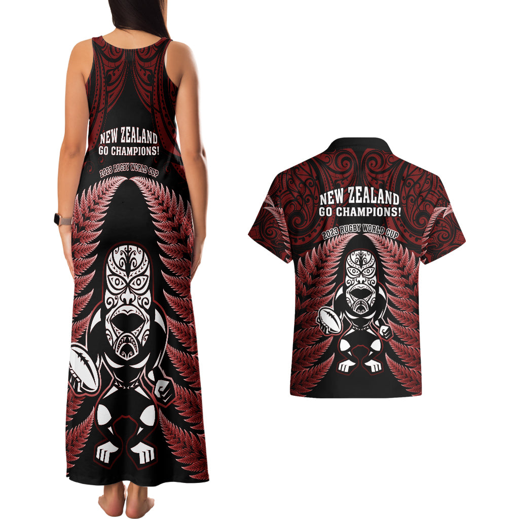 New Zealand Aotearoa Rugby Couples Matching Tank Maxi Dress and Hawaiian Shirt NZ Tiki With Maori Fern World Cup Red Version LT14 - Polynesian Pride