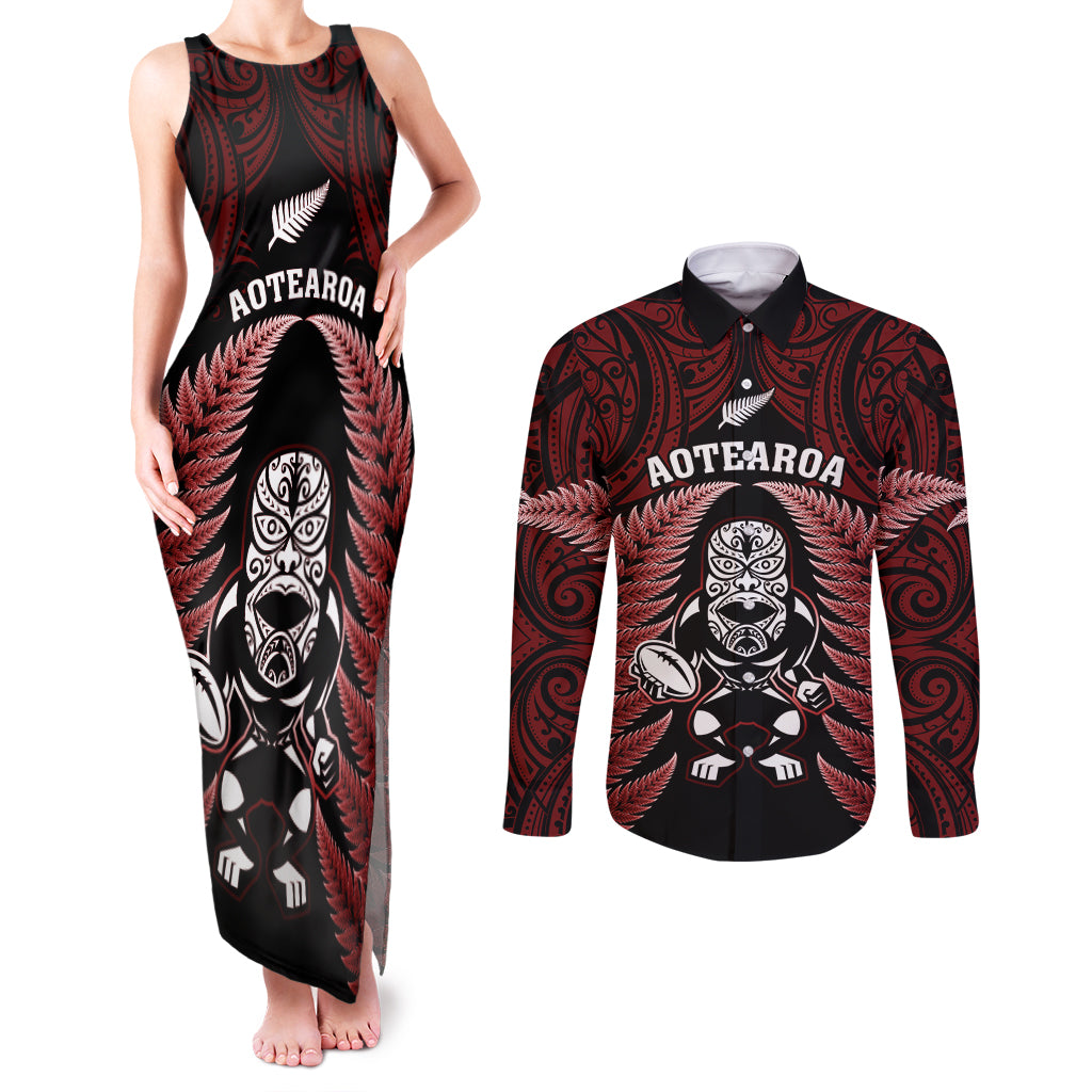 New Zealand Aotearoa Rugby Couples Matching Tank Maxi Dress and Long Sleeve Button Shirts NZ Tiki With Maori Fern World Cup Red Version LT14 Red - Polynesian Pride