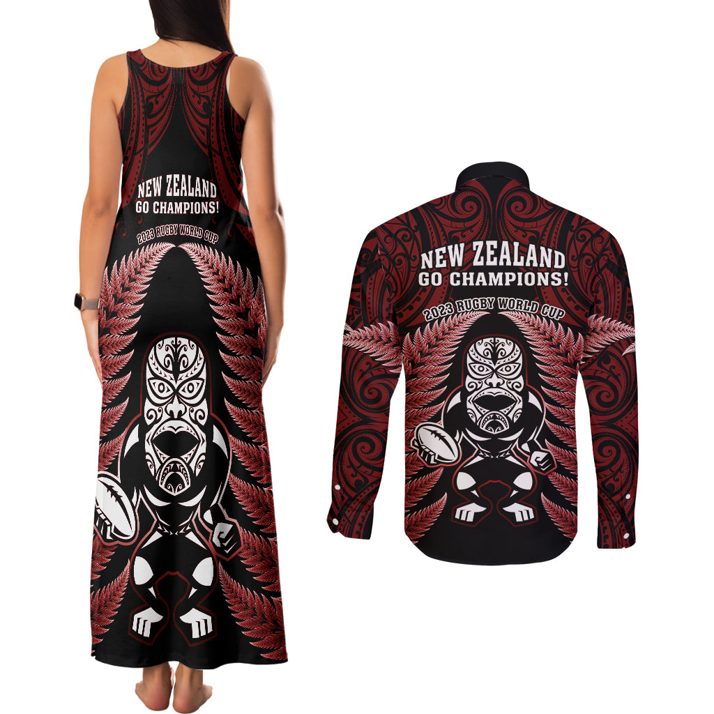 New Zealand Aotearoa Rugby Couples Matching Tank Maxi Dress and Long Sleeve Button Shirts NZ Tiki With Maori Fern World Cup Red Version LT14 - Polynesian Pride