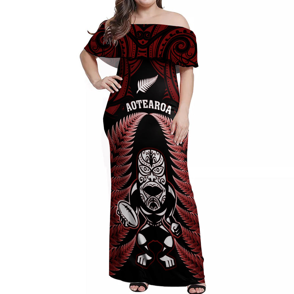 New Zealand Aotearoa Rugby Off Shoulder Maxi Dress NZ Tiki With Maori Fern World Cup Red Version LT14 Women Red - Polynesian Pride