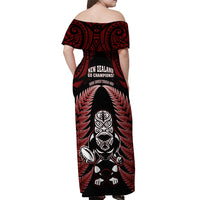 New Zealand Aotearoa Rugby Off Shoulder Maxi Dress NZ Tiki With Maori Fern World Cup Red Version LT14 - Polynesian Pride