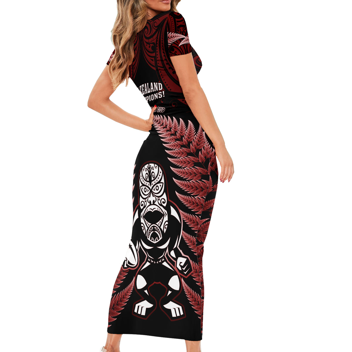 New Zealand Aotearoa Rugby Short Sleeve Bodycon Dress NZ Tiki With Maori Fern World Cup Red Version LT14 - Polynesian Pride