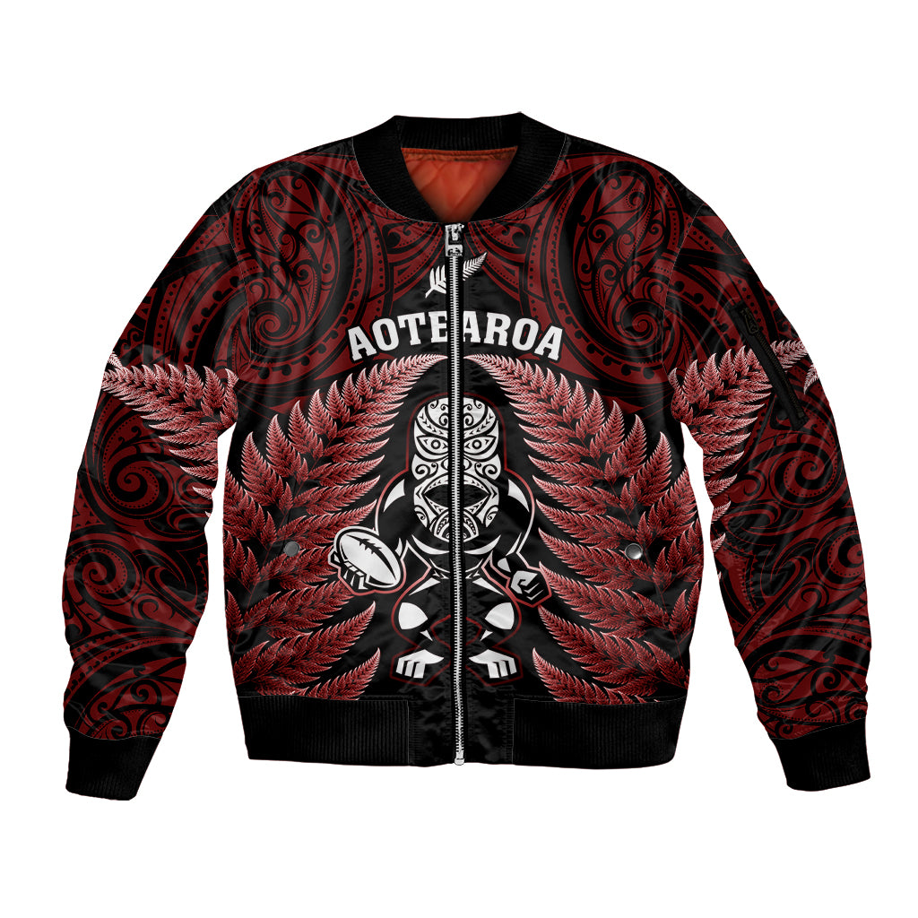New Zealand Aotearoa Rugby Sleeve Zip Bomber Jacket NZ Tiki With Maori Fern World Cup Red Version LT14 Unisex Red - Polynesian Pride