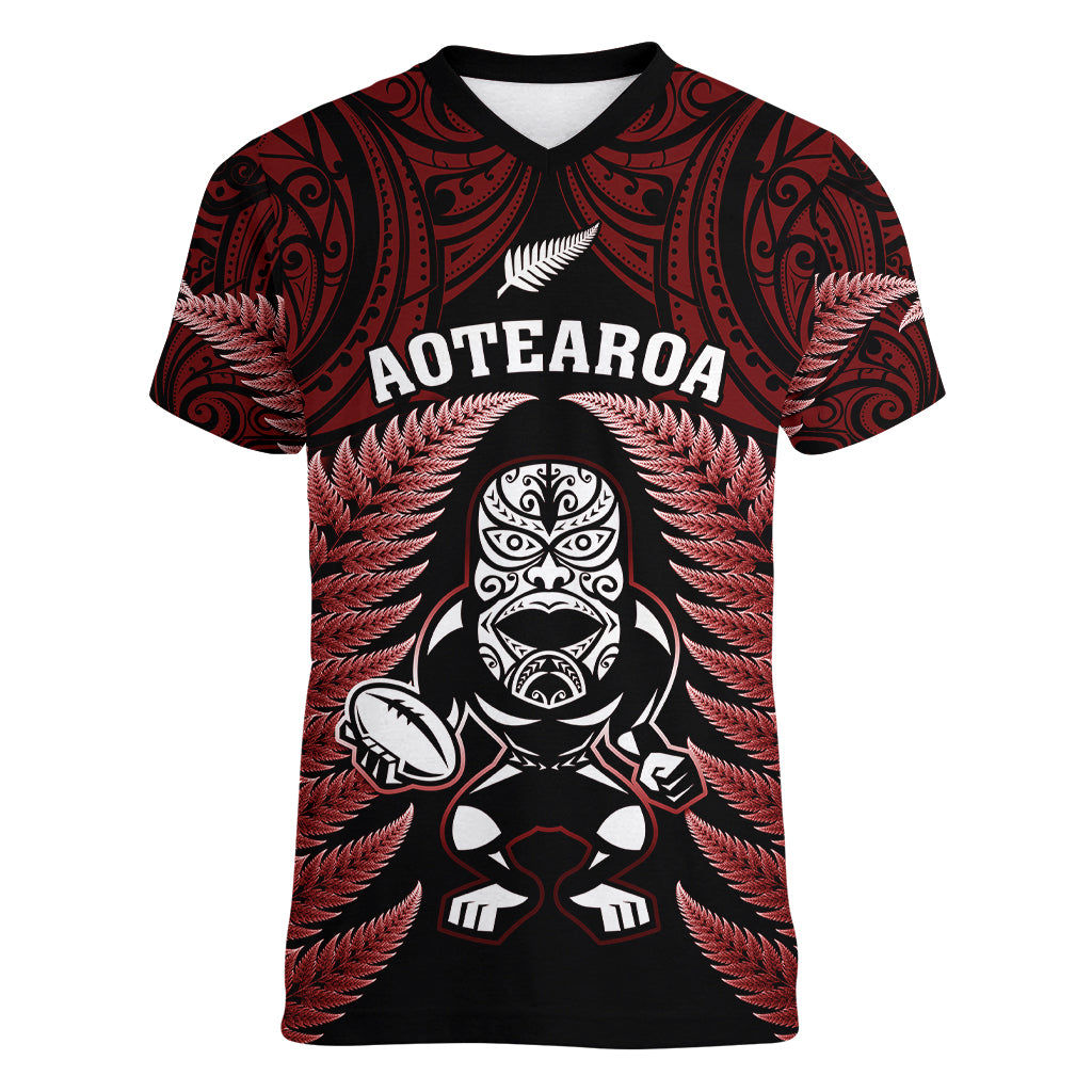 New Zealand Aotearoa Rugby Women V Neck T Shirt NZ Tiki With Maori Fern World Cup Red Version LT14 Female Red - Polynesian Pride