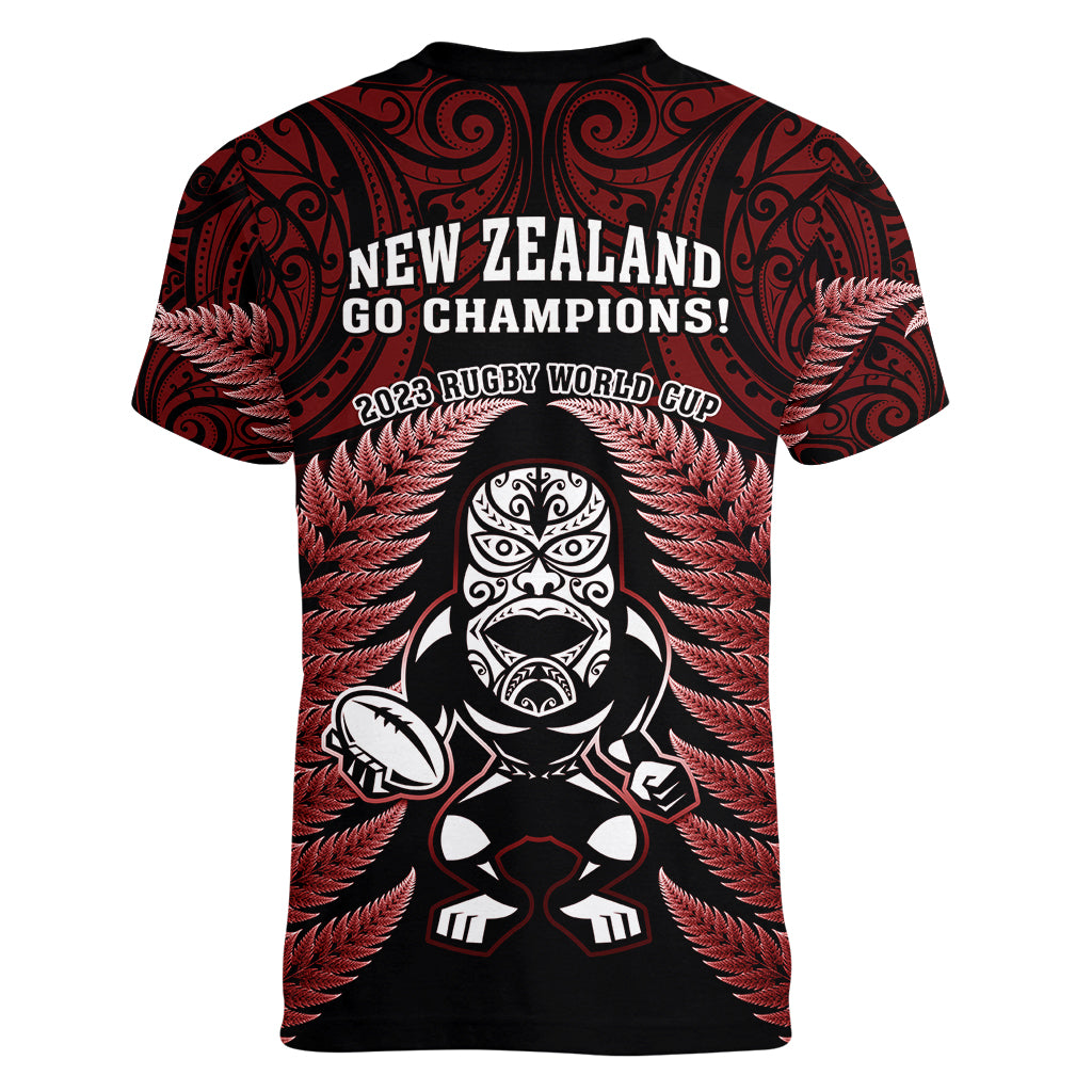 New Zealand Aotearoa Rugby Women V Neck T Shirt NZ Tiki With Maori Fern World Cup Red Version LT14 - Polynesian Pride